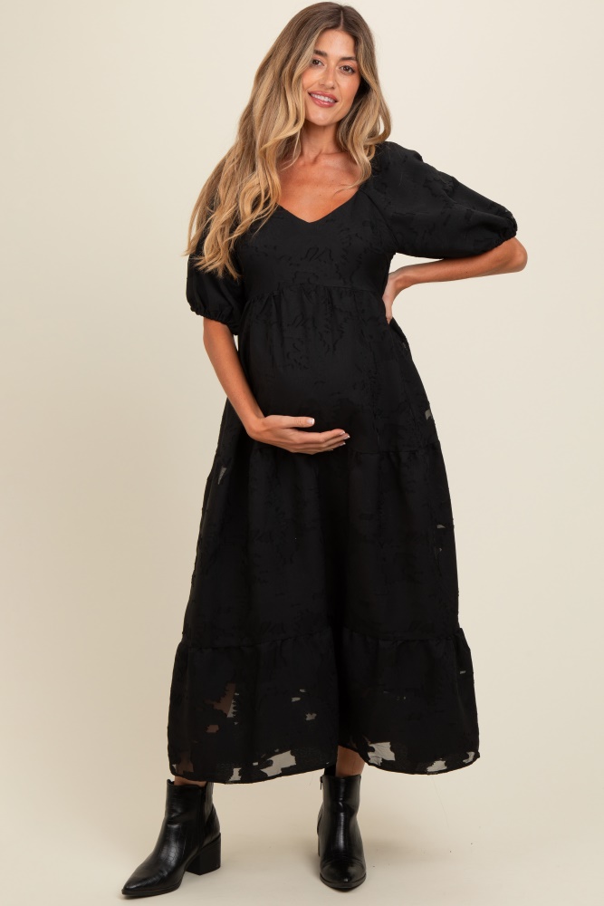 black floral textured tiered midi maternity dress