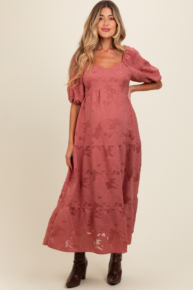 mauve floral textured tiered midi maternity dress