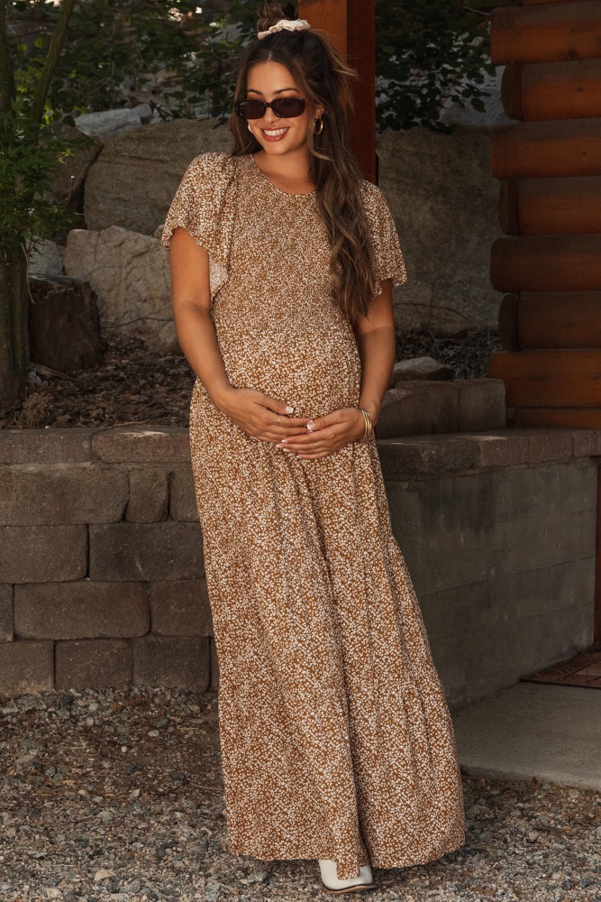 camel floral smocked flutter sleeve maternity maxi dress