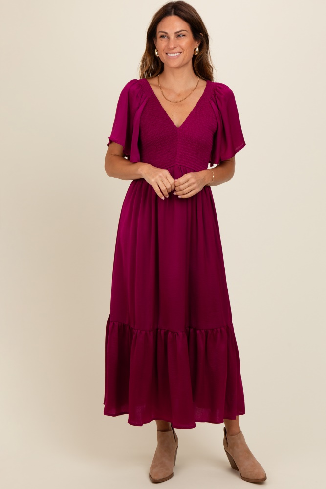 deep red satin smocked midi dress