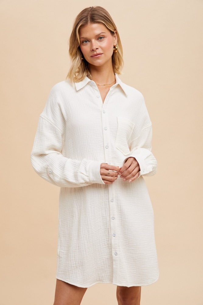 white rolled cuff button down dress