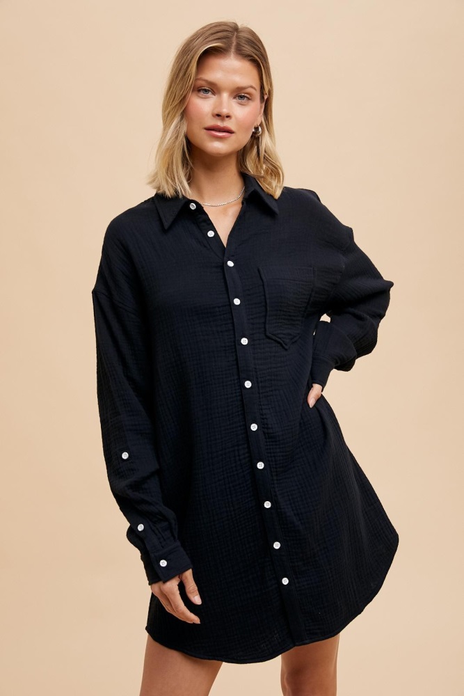 black rolled cuff button down dress