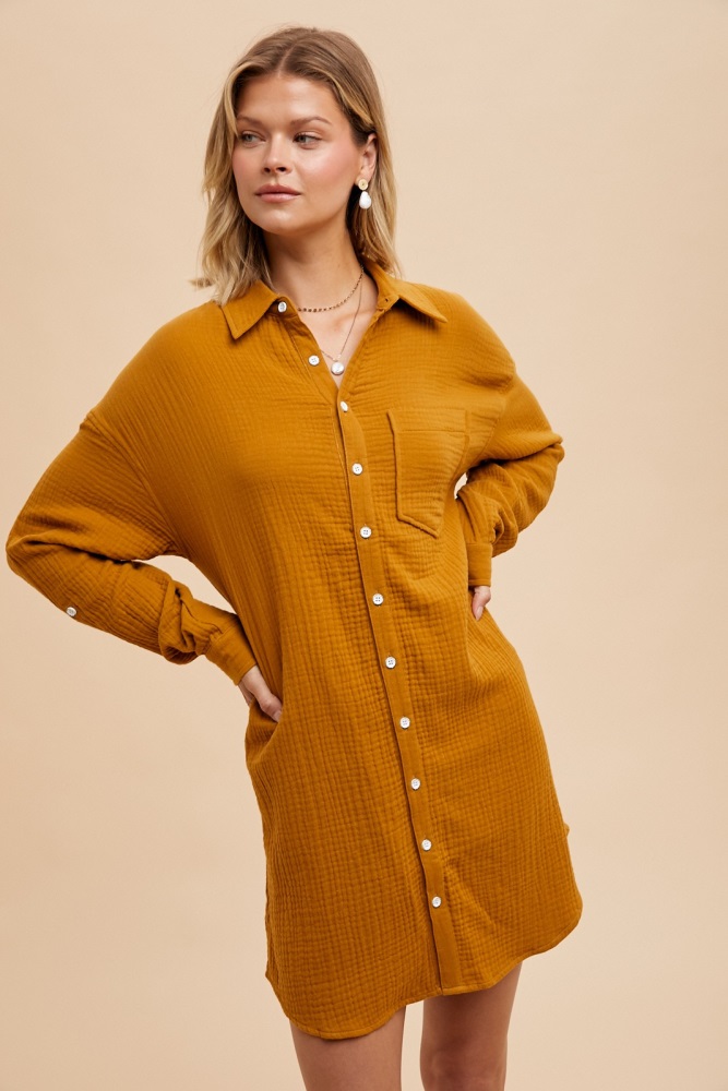 camel rolled cuff button down dress