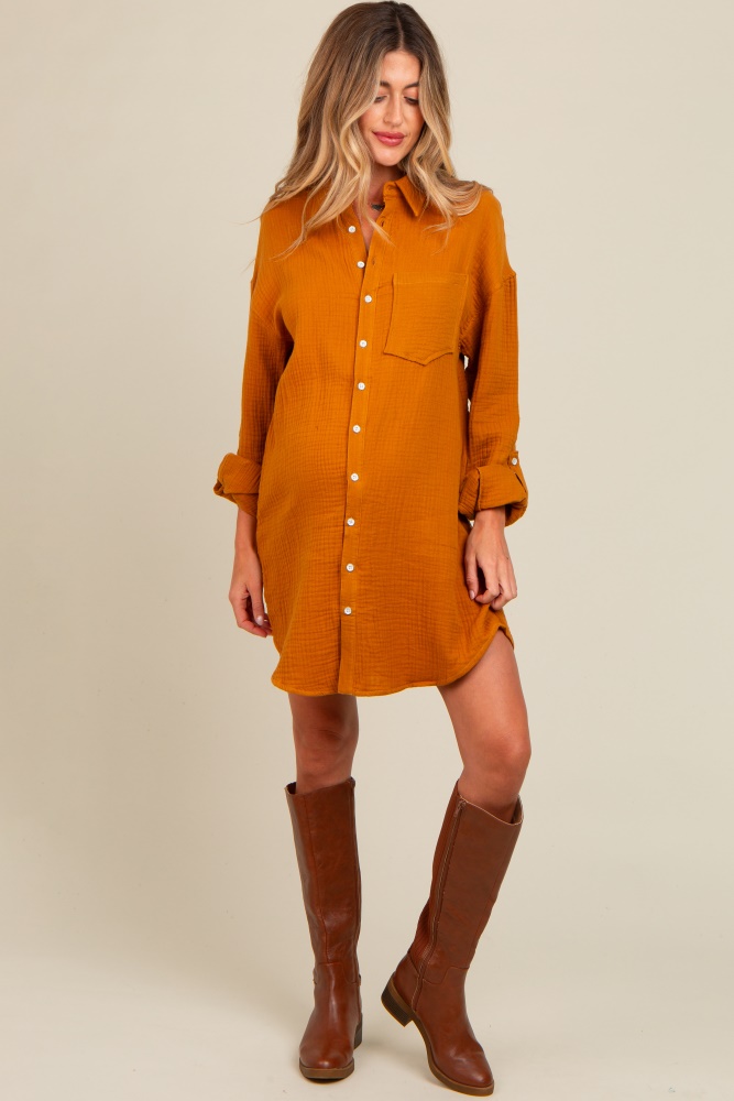 camel rolled cuff maternity button down dress