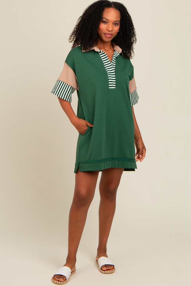 forest green striped color block collared terry dress