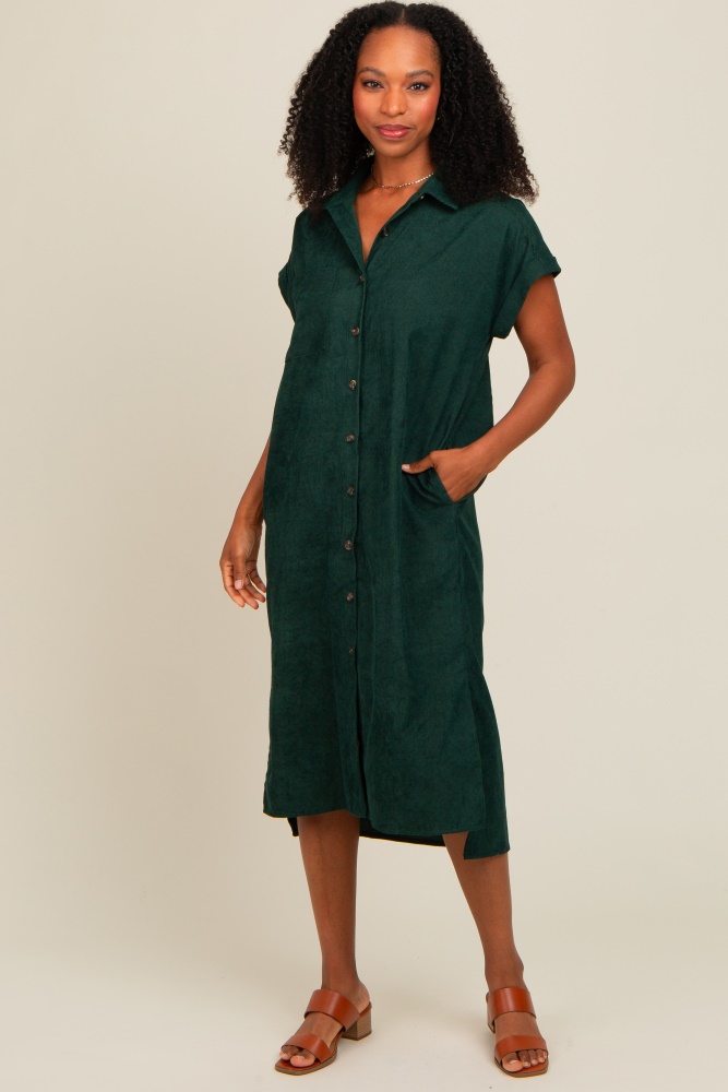 forest green corduroy button down midi dress