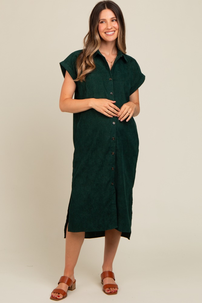 forest green corduroy button down maternity midi dress