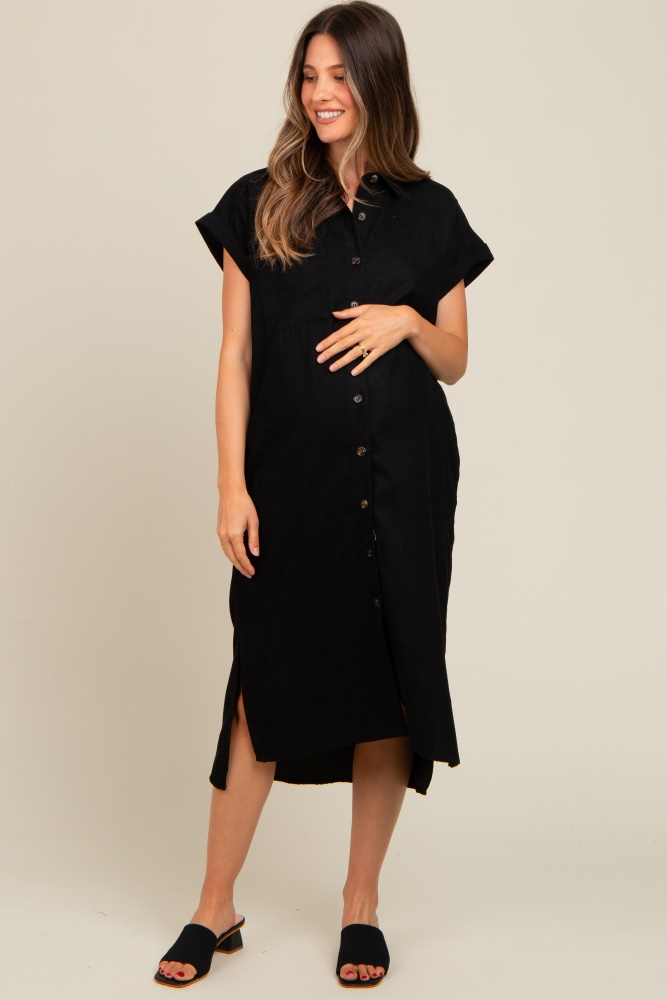 black corduroy button down maternity midi dress