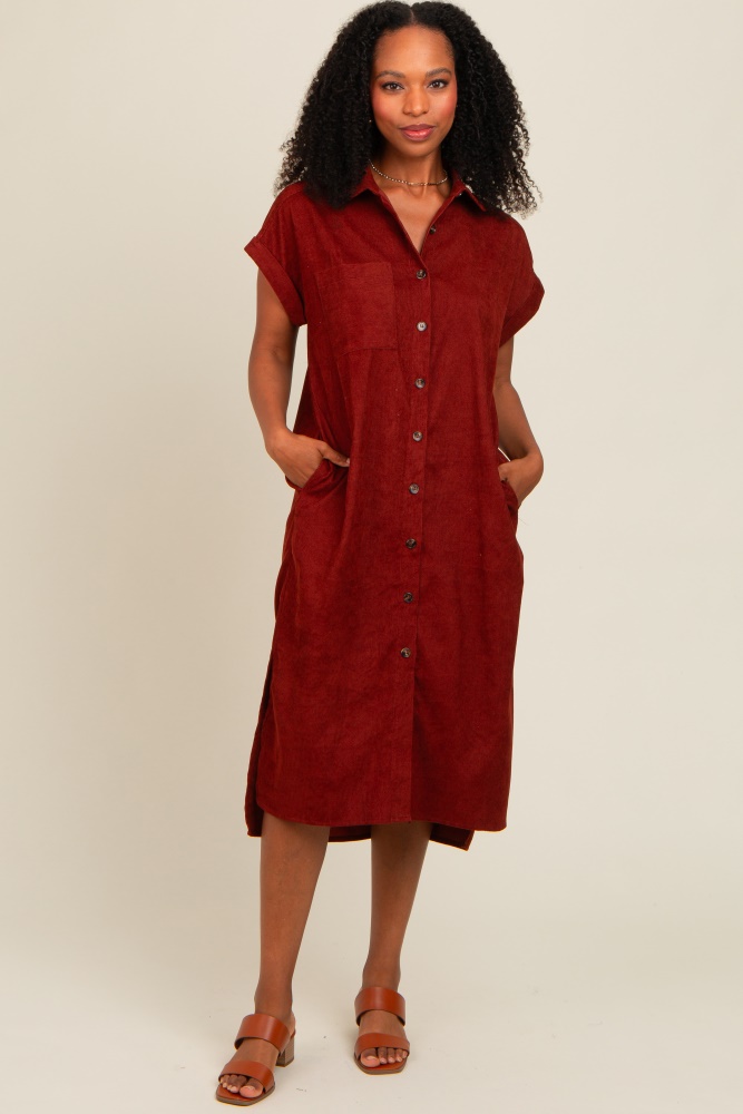 rust corduroy button down midi dress