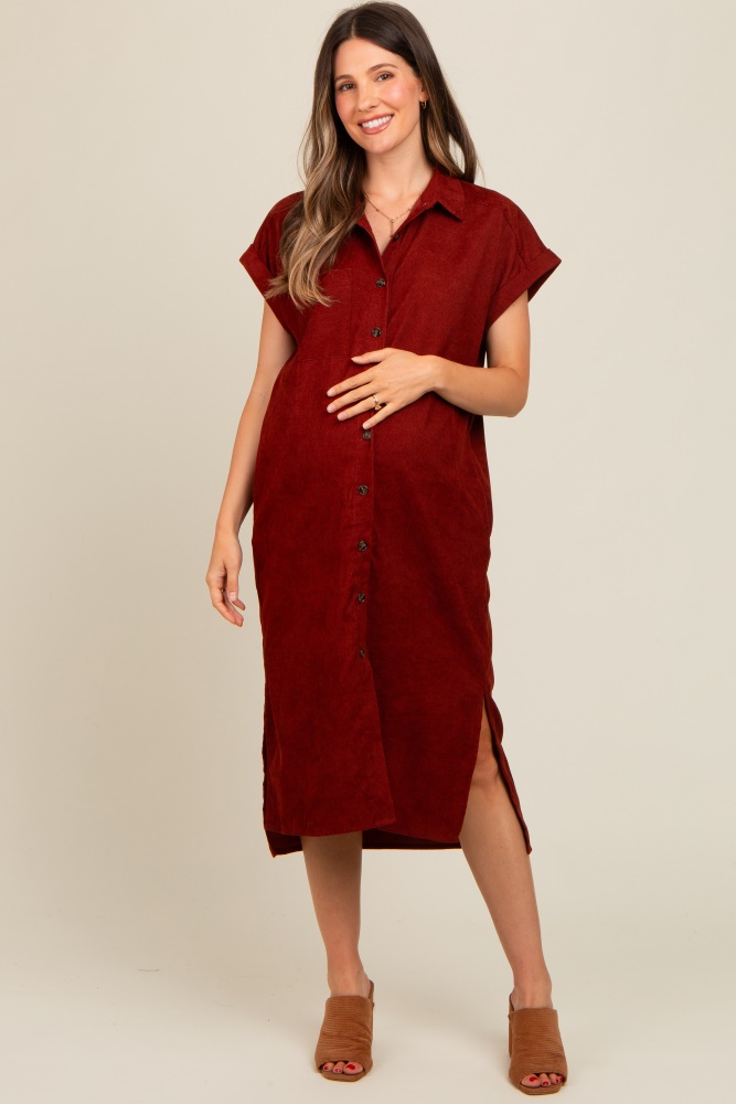 rust corduroy button down maternity midi dress