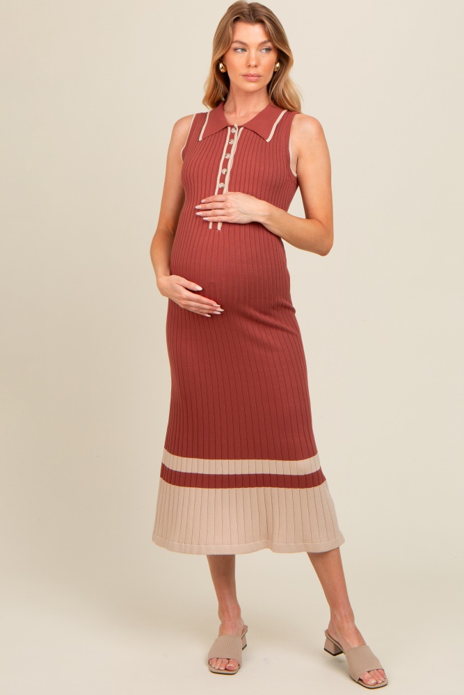 rust knit button front contrast border maternity midi dress