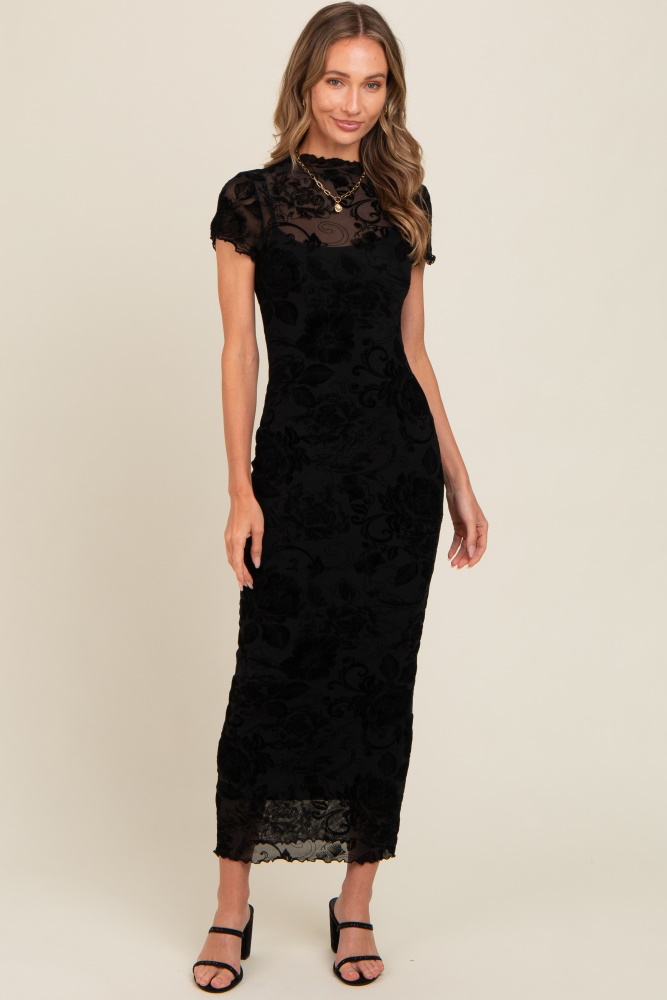 black floral mesh overlay fitted maxi dress