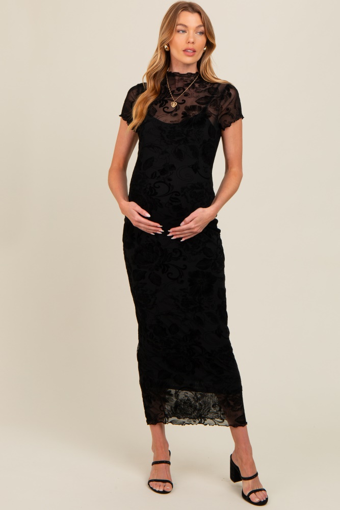 black floral mesh overlay fitted maternity maxi dress