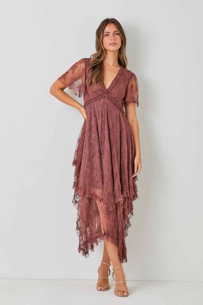 chestnut embellished lace hem dress