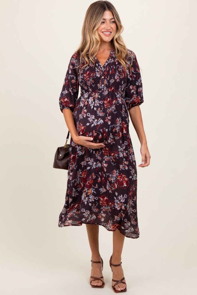 brown floral smocked button down maternity midi dress