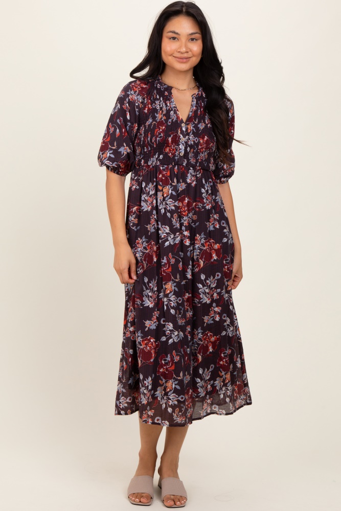 brown floral smocked button down midi dress