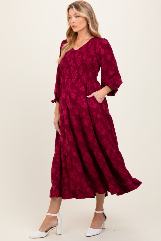 burgundy floral smocked v-neck maternity maxi dress