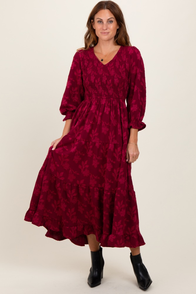 burgundy floral smocked v-neck maxi dress