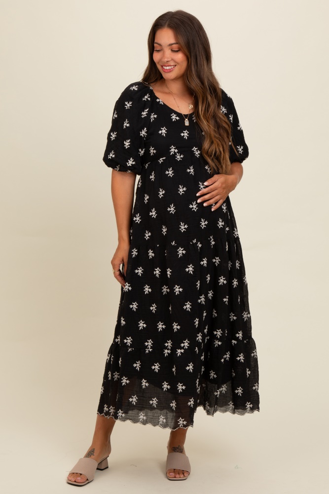 black floral puff sleeve maternity midi dress