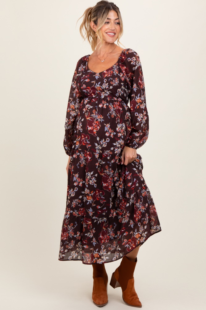 brown floral v-neck bubble sleeve maternity maxi dress