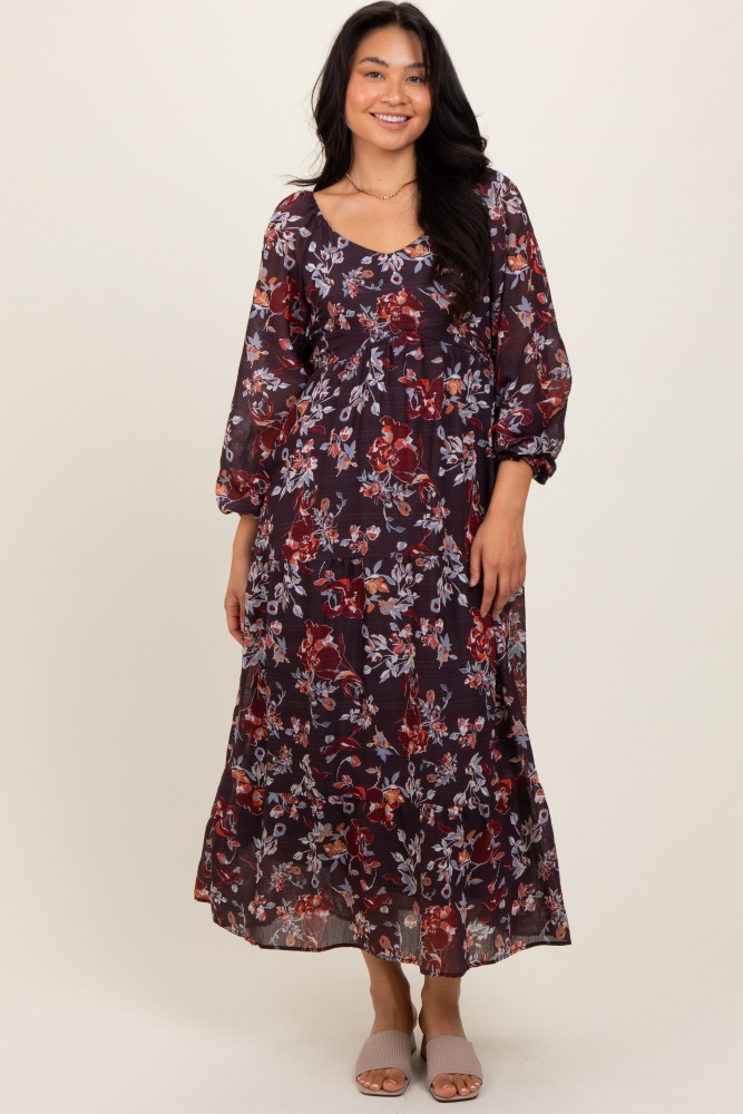 brown floral v-neck bubble sleeve maxi dress