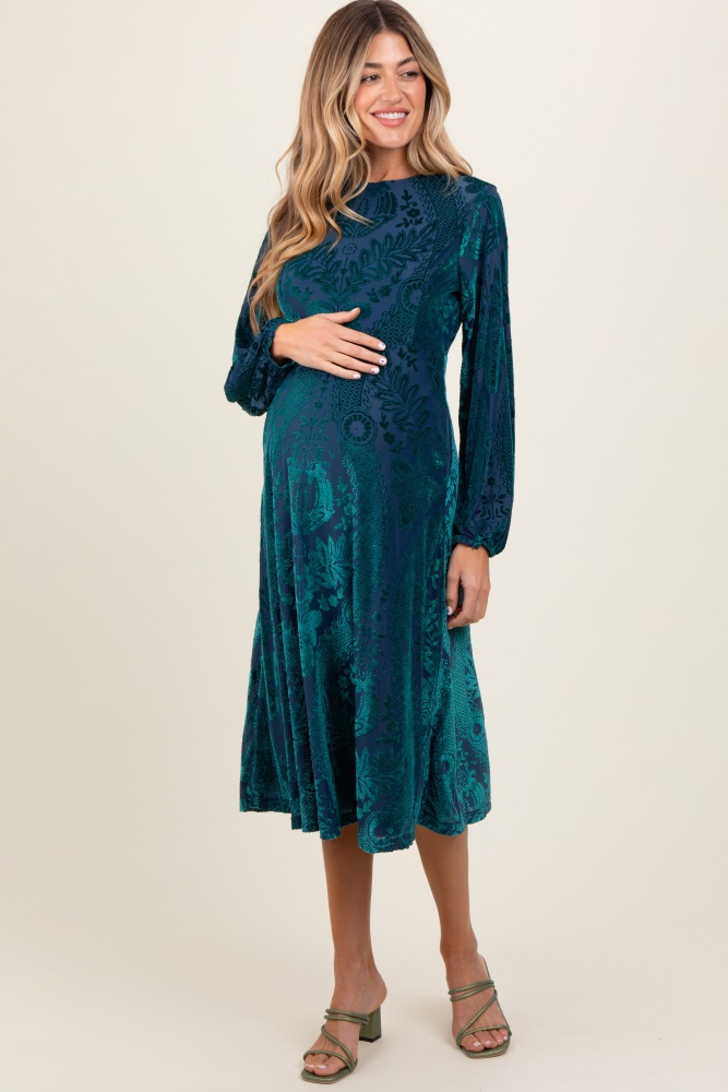 forest green velvet damask maternity midi dress