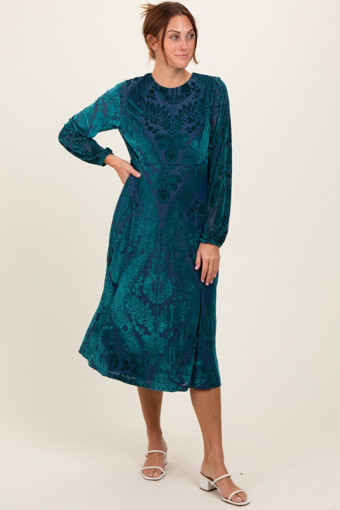 forest green velvet damask midi dress