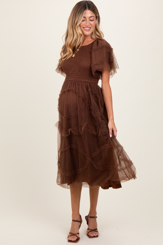 mocha smocked ruffled mesh maternity midi dress