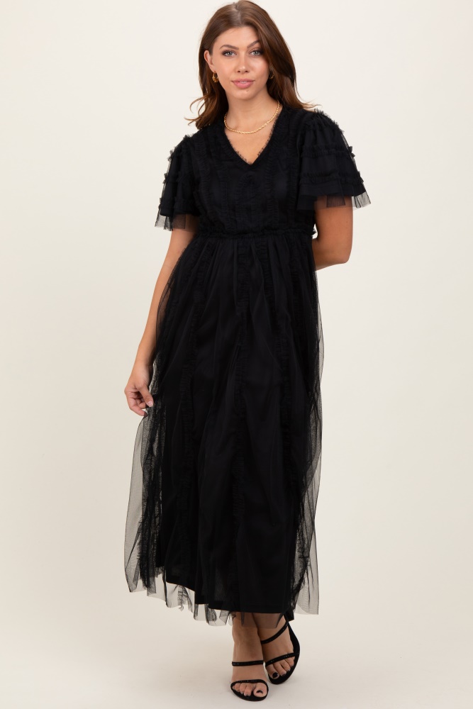 black ruffle accent mesh overlay maxi dress