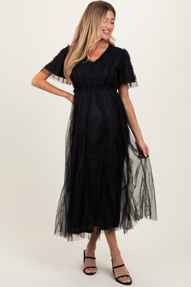 black ruffle accent mesh overlay maternity maxi dress