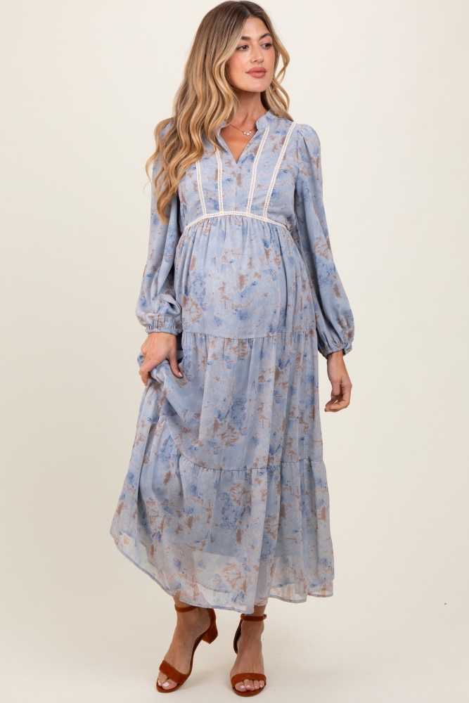 light blue floral lace trim maternity maxi dress