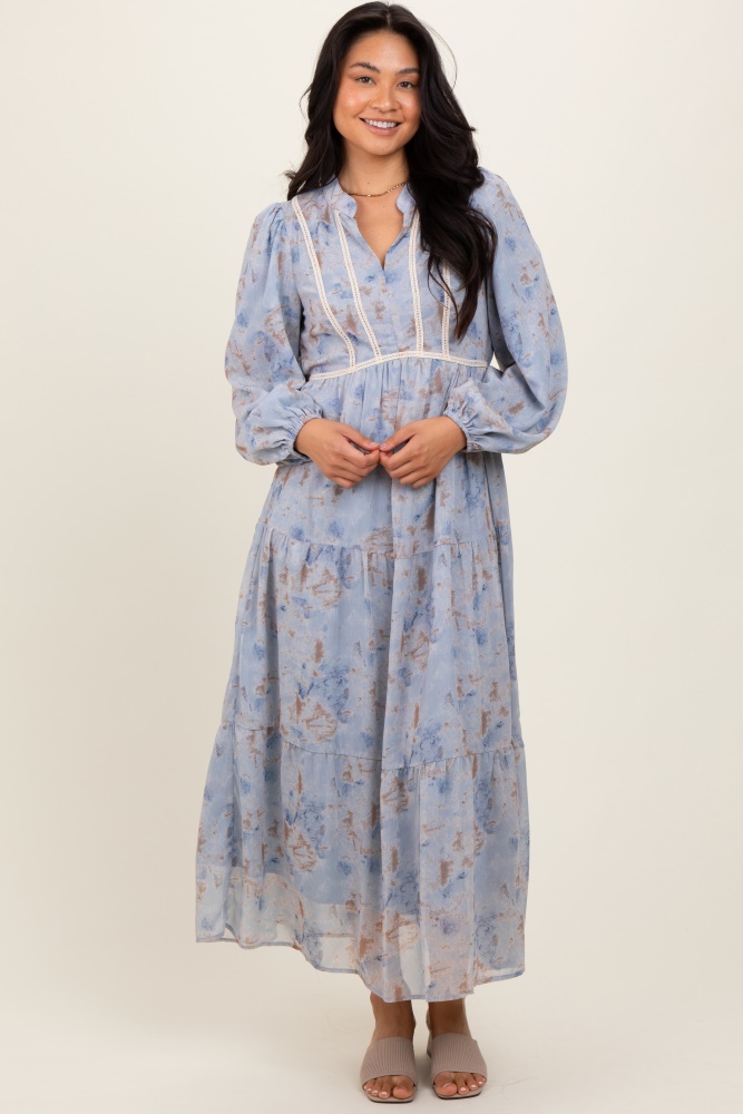 light blue floral lace trim maxi dress