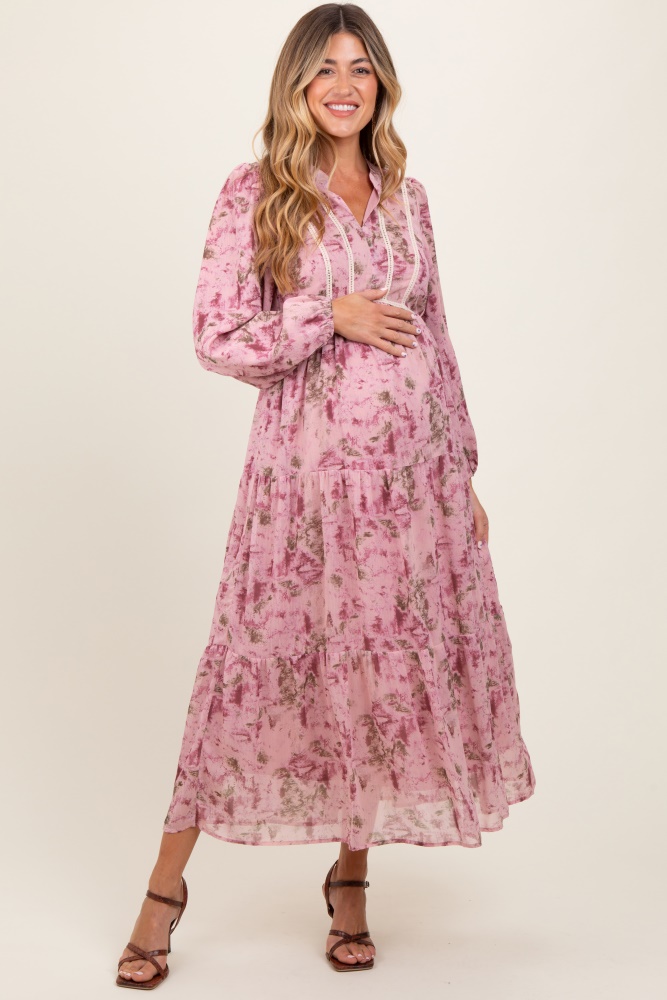 pink floral lace trim maternity maxi dress