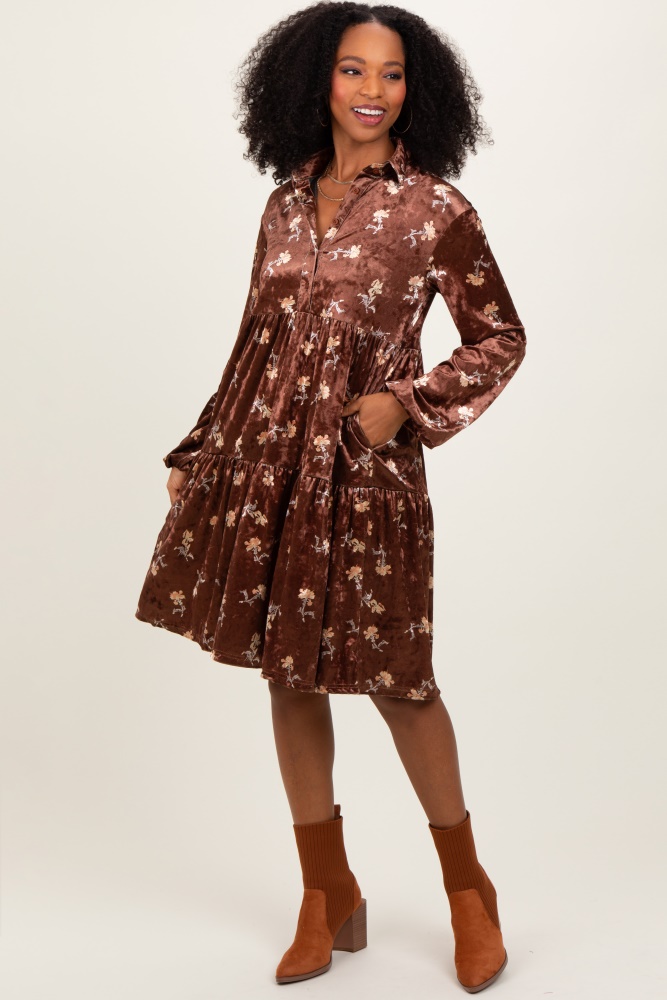 brown floral velvet button down midi dress