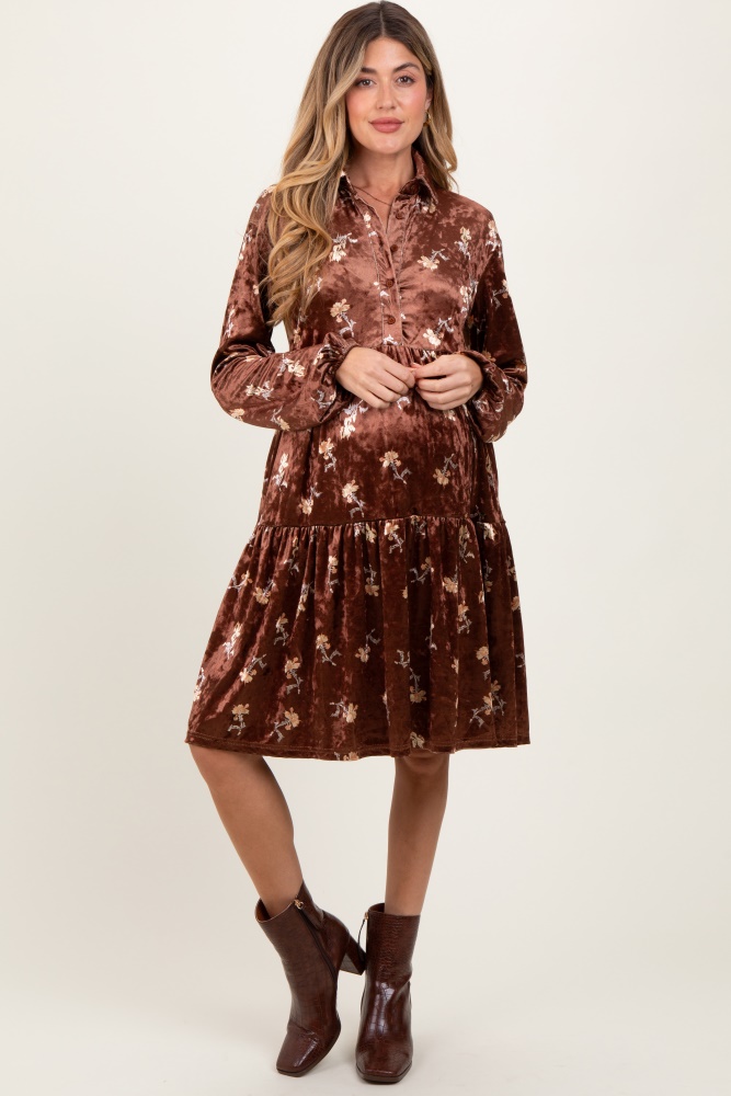 brown floral velvet button down maternity midi dress