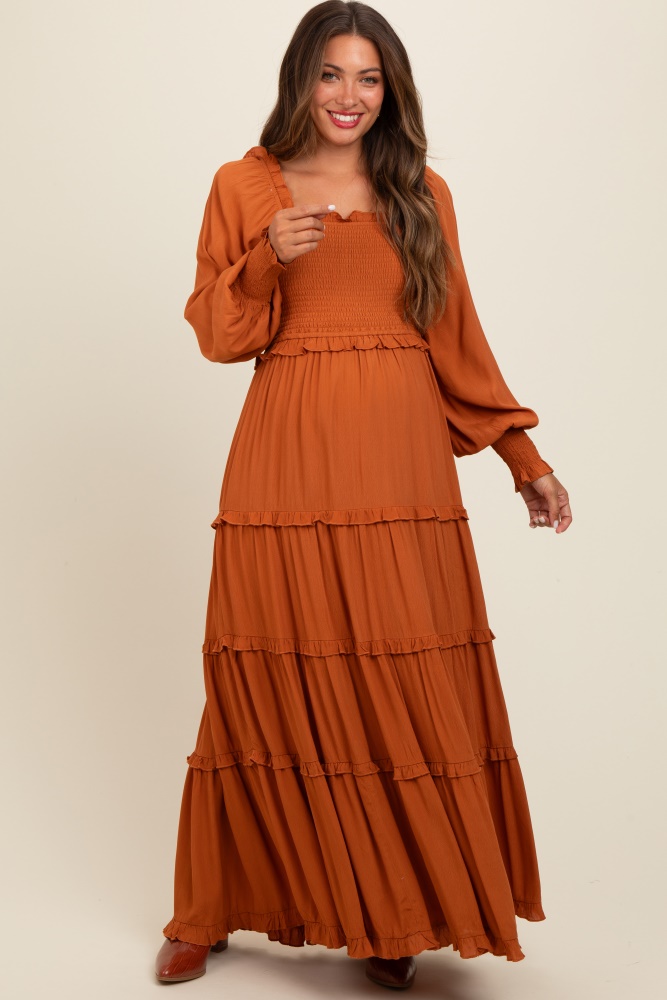 camel smocked long sleeve ruffle tiered maternity maxi dress