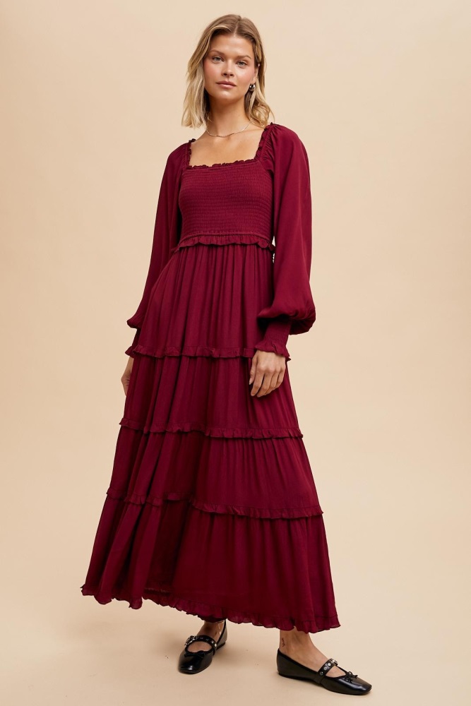 burgundy smocked long sleeve ruffle tiered maxi dress