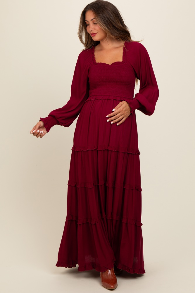 burgundy smocked long sleeve ruffle tiered maternity maxi dress