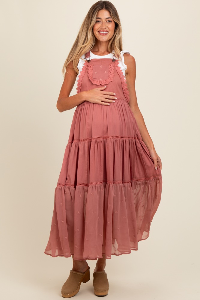 mauve overall crochet lace tiered maternity dress