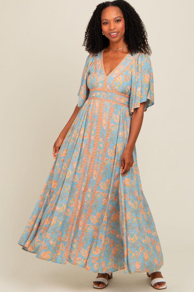 blue floral border print flutter sleeve maxi dress