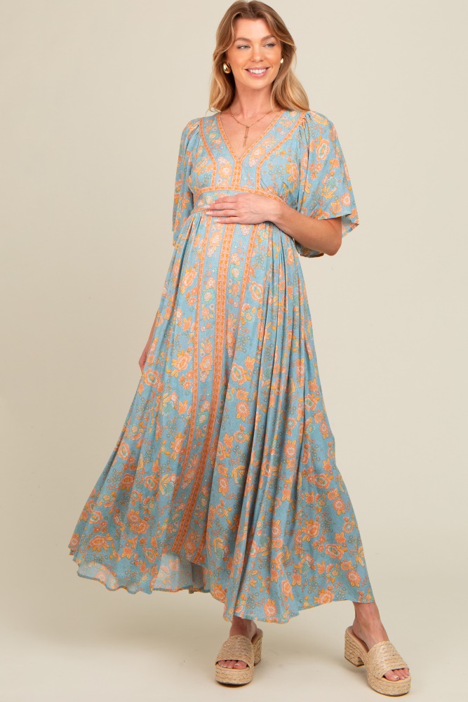 blue floral border print flutter sleeve maternity maxi dress