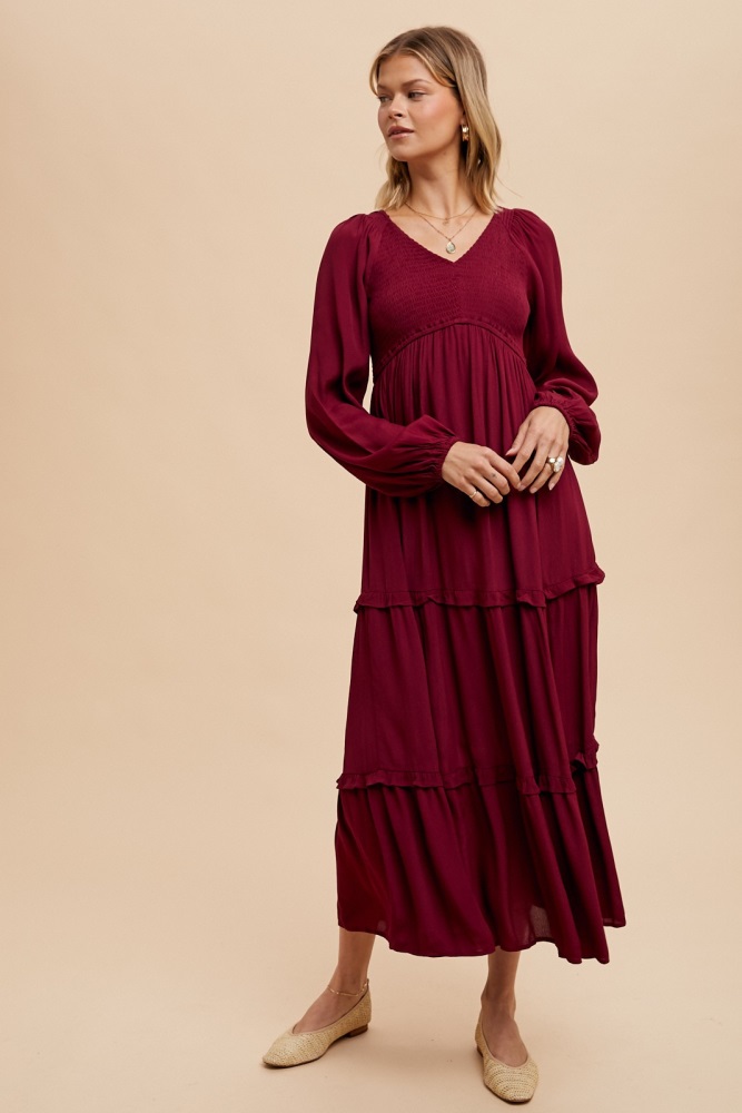 burgundy smocked tiered midi dress