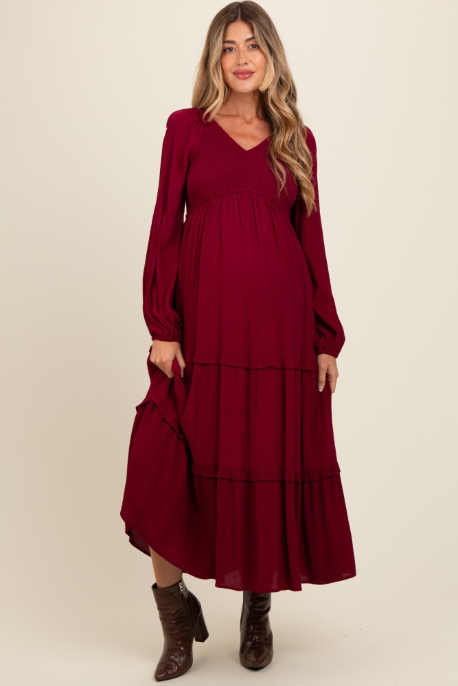 burgundy smocked tiered maternity midi dress