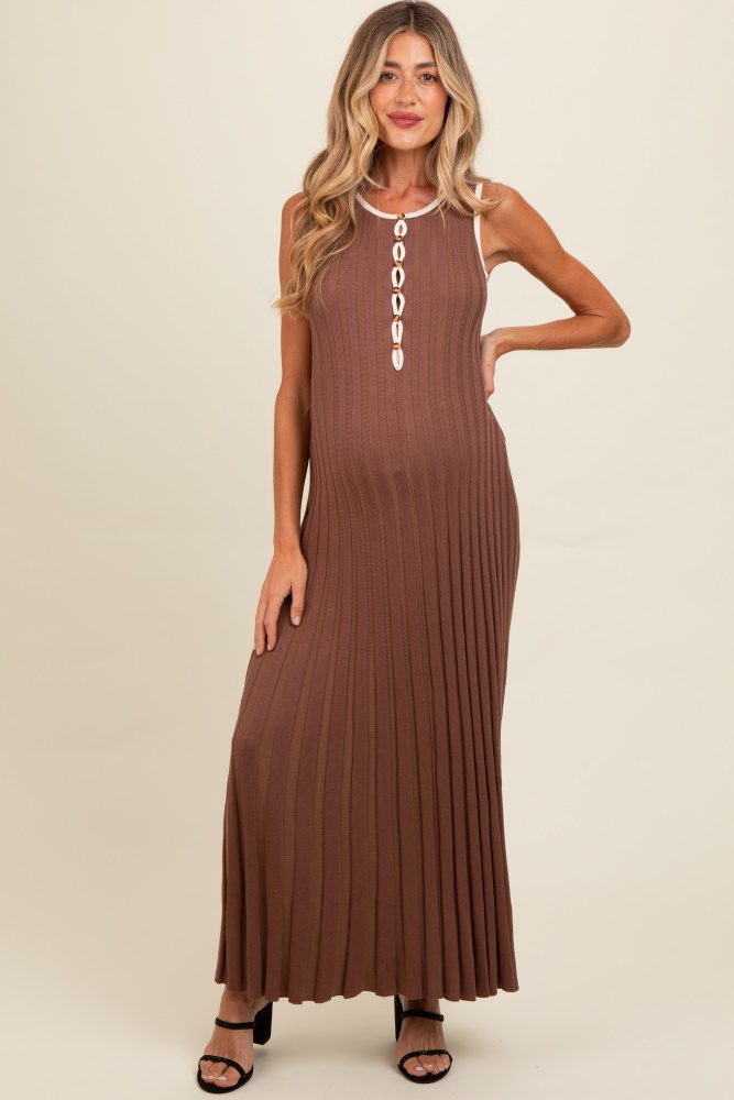 brown ribbed knit button detail sleeveless maternity maxi dress