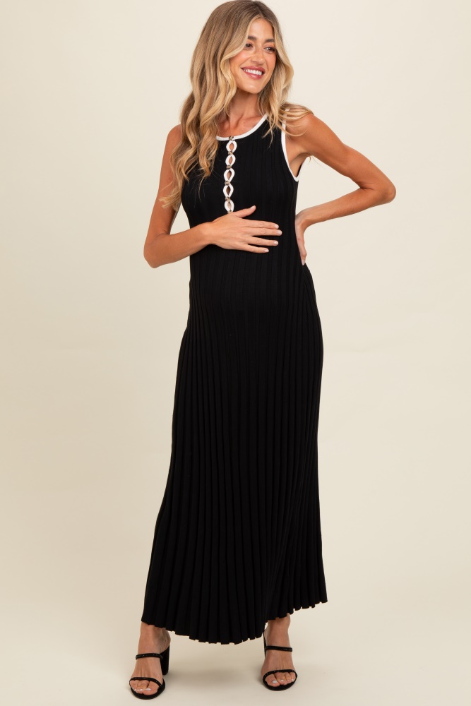 black ribbed knit button detail sleeveless maternity maxi dress