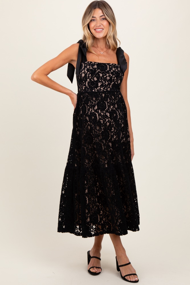 black velvet lace shoulder bow maternity maxi dress