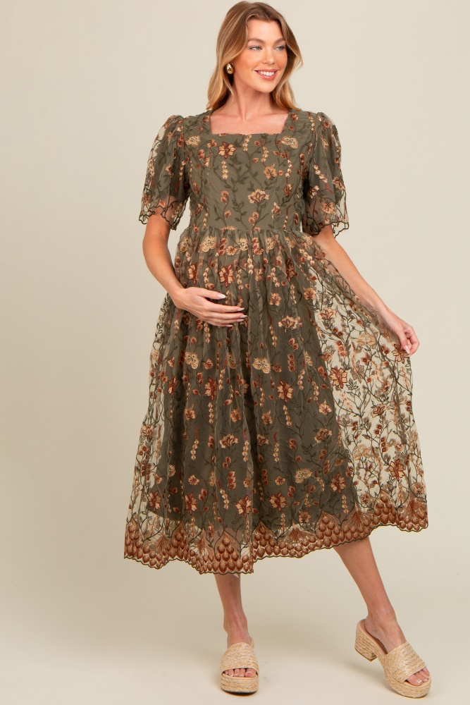 olive floral embroidered mesh overlay maternity midi dress