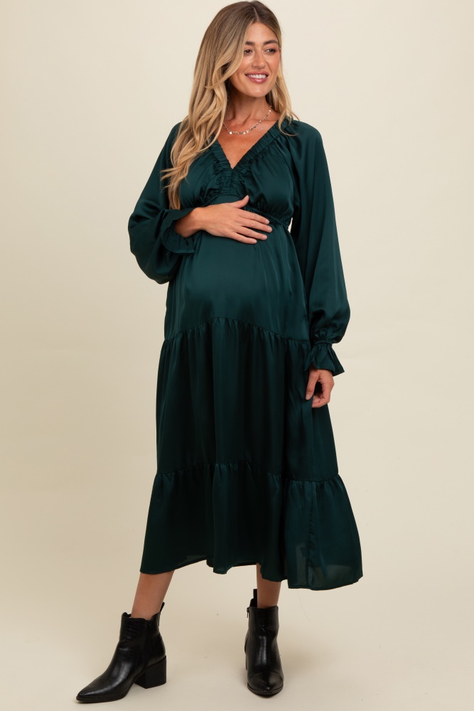 forest green satin v-neck tiered maternity maxi dress