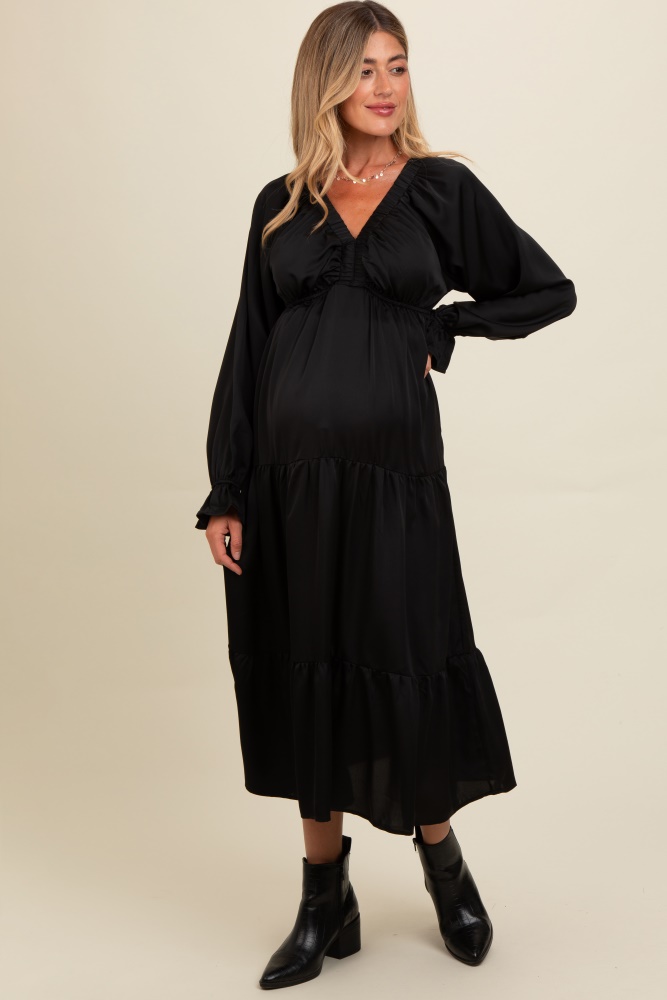 black satin v-neck tiered maternity maxi dress