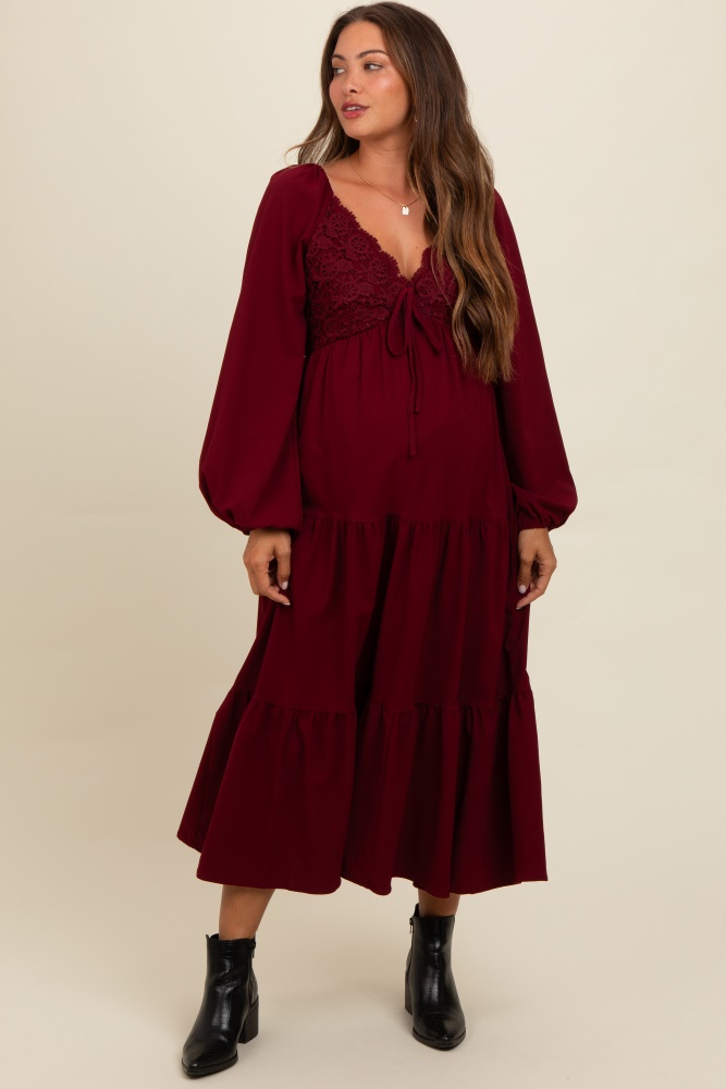 burgundy contrast lace bodice tiered maternity midi dress